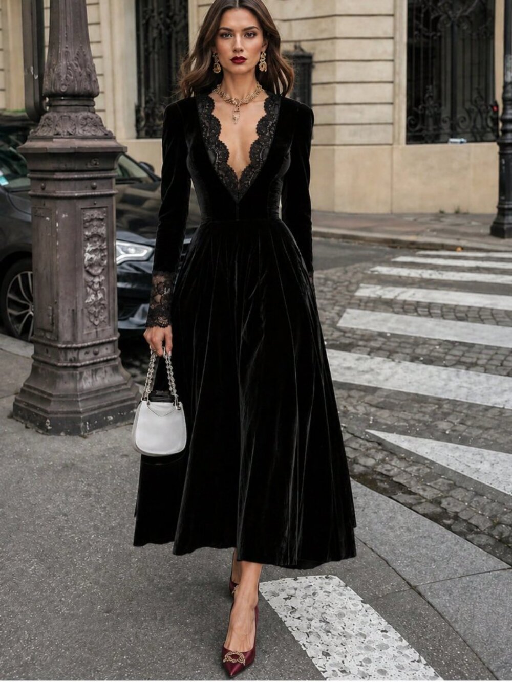 Black Velvet Midi Dress – Plunging Scalloped Lace V-Neck Long Sleeve - Picture 5 of 6
